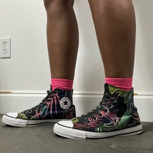 Converse Women's High-Top Sneakers - Black with Green and Pink Tropical Design